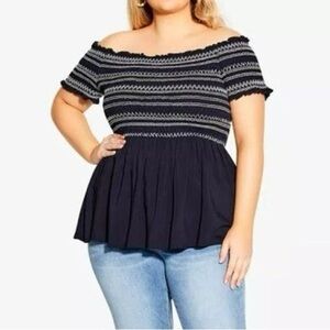 City Chic Women’s Navy black Smocked Ruffle Sleeve Peasant Boho Blouse size M18